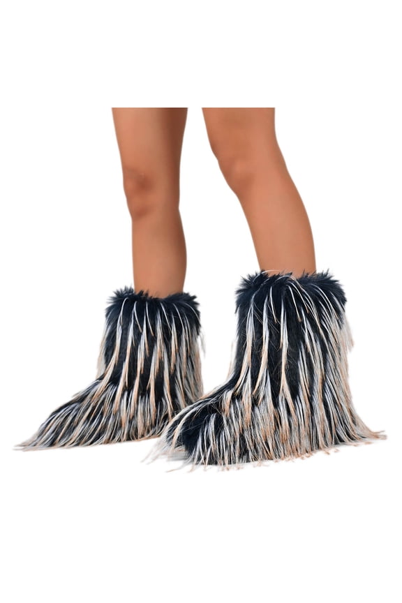 Fuzzy Snow Boots for Women 2025 fashion Winter Furry Mid Calf Flat Heel Fluffy Plush Warm Short Booties