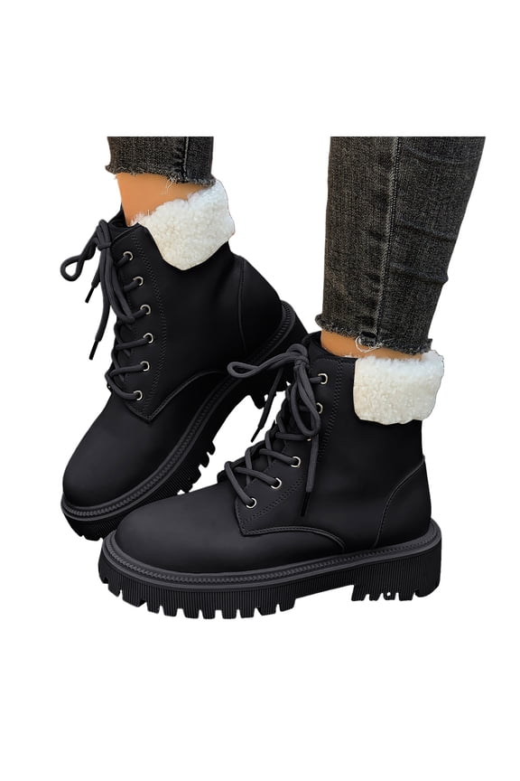 Fuzzy Snow Boots for Women Lace up Waterproof Leather Winter Combat Booties Lug Sole Warm Outdoor Ankle Boots
