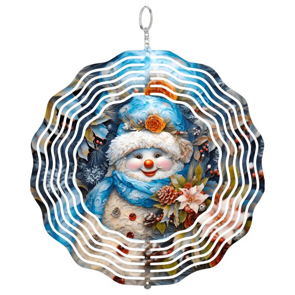 Fuzzy Snowman 3D Wind Spinner Kinetic Metal Hanging Cute Winter Character Decor Round