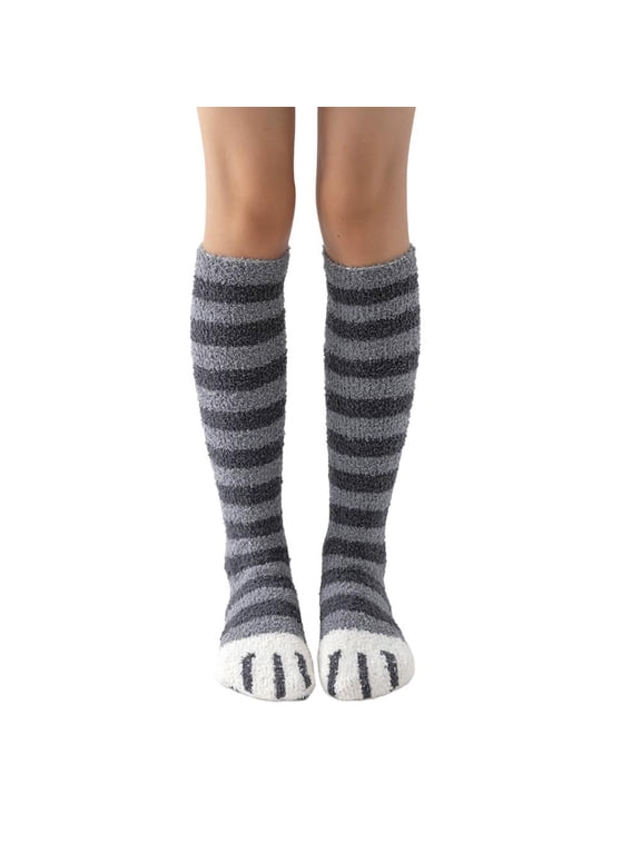 Fuzzy Socks, 1 Pair Cats Paw Calf Socks, Cat Paw Winter Sock, Soft Warm Fuzzy Sleeping Sock for Women