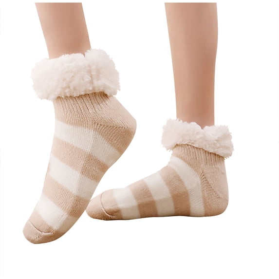 Fuzzy Socks Cozy Fluffy Winter Warm Slipper Socks Microfiber Soft Home Sleeping Socks Striped Match Color Double Lambswood Warm Padded Padded Warm Adult Socks
