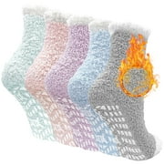Fuzzy Socks, LOFIR Slipper Socks, Winter Warm Fleece Fluffy Socks 5 Pairs Gripper Socks for Women 6-10 , Soft Cozy Non Slip Socks Women Gifts