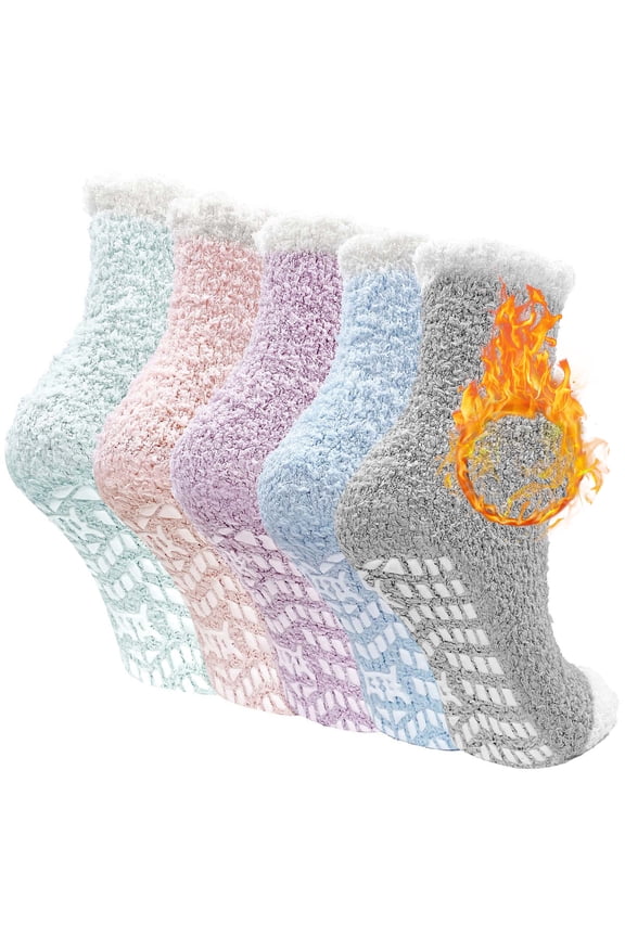 Fuzzy Socks, LOFIR Slipper Socks, Winter Warm Fleece Fluffy Socks 5 Pairs Gripper Socks for Women 6-10 , Soft Cozy Non Slip Socks Women Gifts