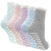 Fuzzy Socks, LOFIR Slipper Socks, Winter Warm Fleece Fluffy Socks 5 Pairs Gripper Socks for Women 6-10 , Soft Cozy Non Slip Socks Women Gifts