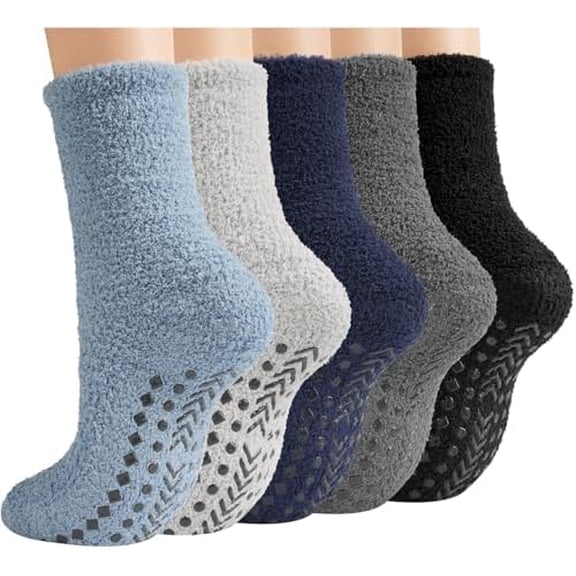 Fuzzy Socks Men with Grips, Winter Fluffy Slipper Socks Hospital Cozy Warm Non-slip Thick 5 Pairs