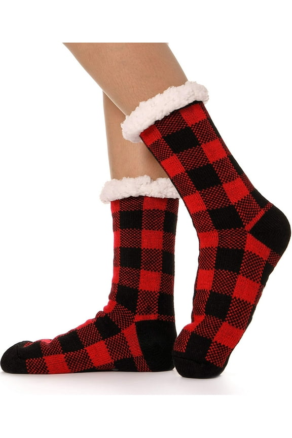 Fuzzy Socks for Women Slipper Fluffy Buffalo Plaid Cabin Cozy Winter Thick Warm Comfy Sherpa Fleece Sleep Plush Home Grips Socks Christmas White Elephant Gift Stocking Stuffer for Wife Her Teenage-Red