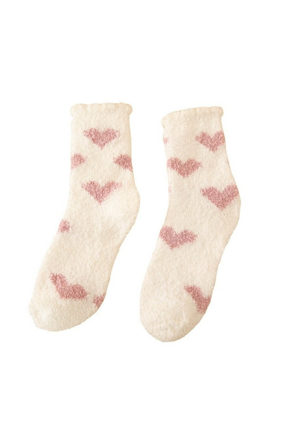 Fuzzy Socks Womens Fleece Fluffy Cabin Plush Warm Sleep Socks Love Heart Pattern Soft Cozy Winter Adult Socks (Free Size, White)