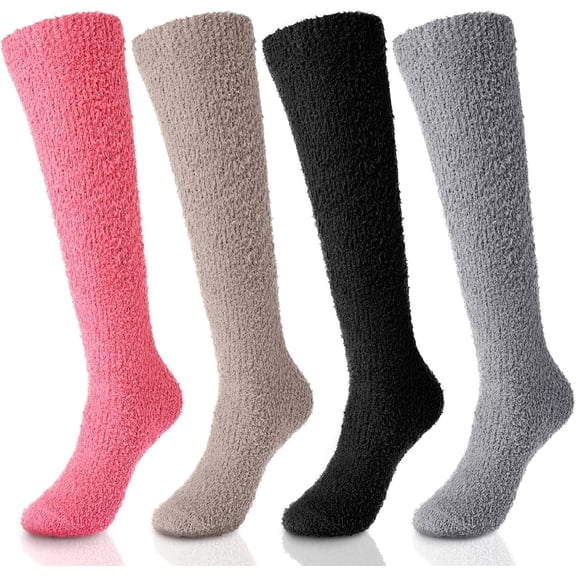 Fuzzy Socks for Women 4 Pairs Knee Fuzzy Socks Soft Warm High Socks Plush Winter Long Socks
