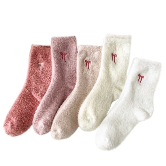 Fuzzy Socks for Women 5 Pairs Fluffy Bow Socks Pink Series (One Size)