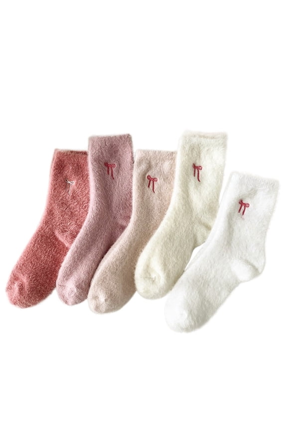 Fuzzy Socks for Women 5 Pairs Fluffy Bow Socks Pink Series One Size