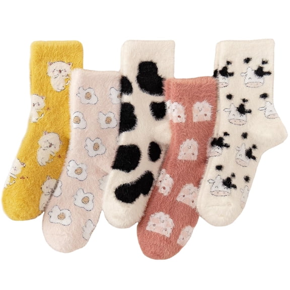 Fuzzy Socks for Women, Cute Fluffy Slipper Sock with Cat Cow Bunny Bear Dinosaur, Cozy Casual Calf Socks