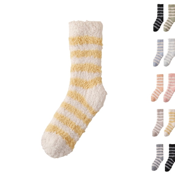 Fuzzy Socks for Women, Striped Plush Slipper Socks Women, Warm Soft Fluffy Socks Thick Cozy Plush Sock Winter Christmas Socks for Women (Yellow)