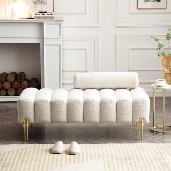 Fuzzy Sofa Stool with Gold Metal Legs / Versatile for Home Entrance