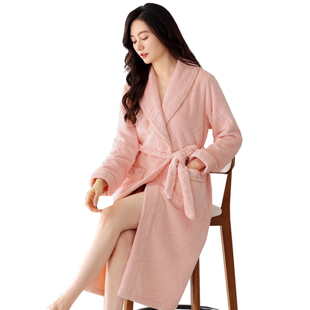 Reversible Soft Robe Fuzzy Soft Robes For Women Long Sleeve Bathrobe Fluffy Warm Flannel ...