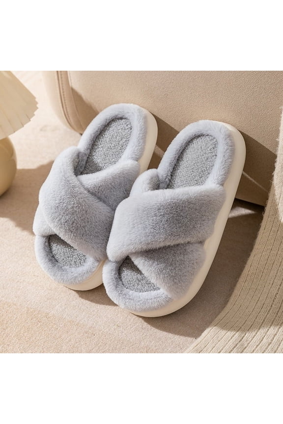 Fuzzy Solid Color Slippers - EVA Sole, Fabric Upper/Inner/Insole, Hand Washable, Slip-on, All-Season Indoor/Outdoor Fluffy Floor Shoes for Autumn & Spring