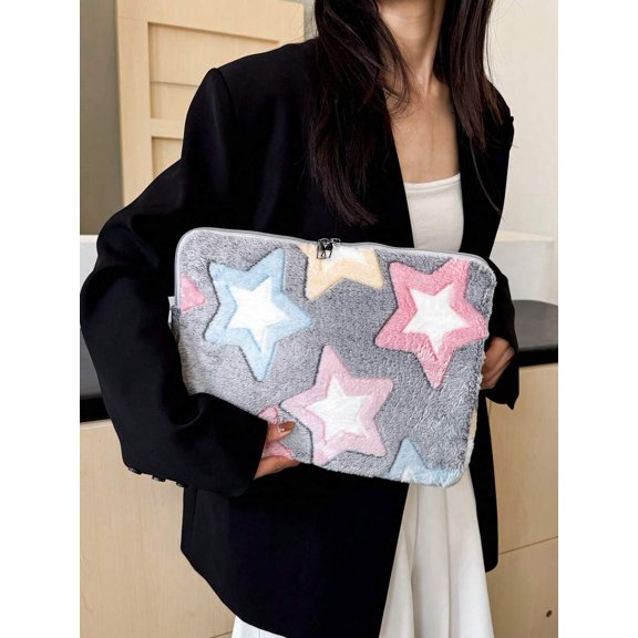 Fuzzy Star Pattern Laptop Sleeve Pink-2 Soft Plush Cover For 13-15 Inch