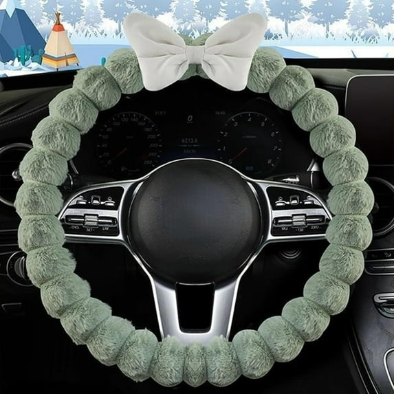 Fuzzy Steering Wheel Cover Plush Bow Rhinestone Sparkly Faux Fur Soft Warm Winter Universal 15 Inch for Women Girls Car Accessories Pink