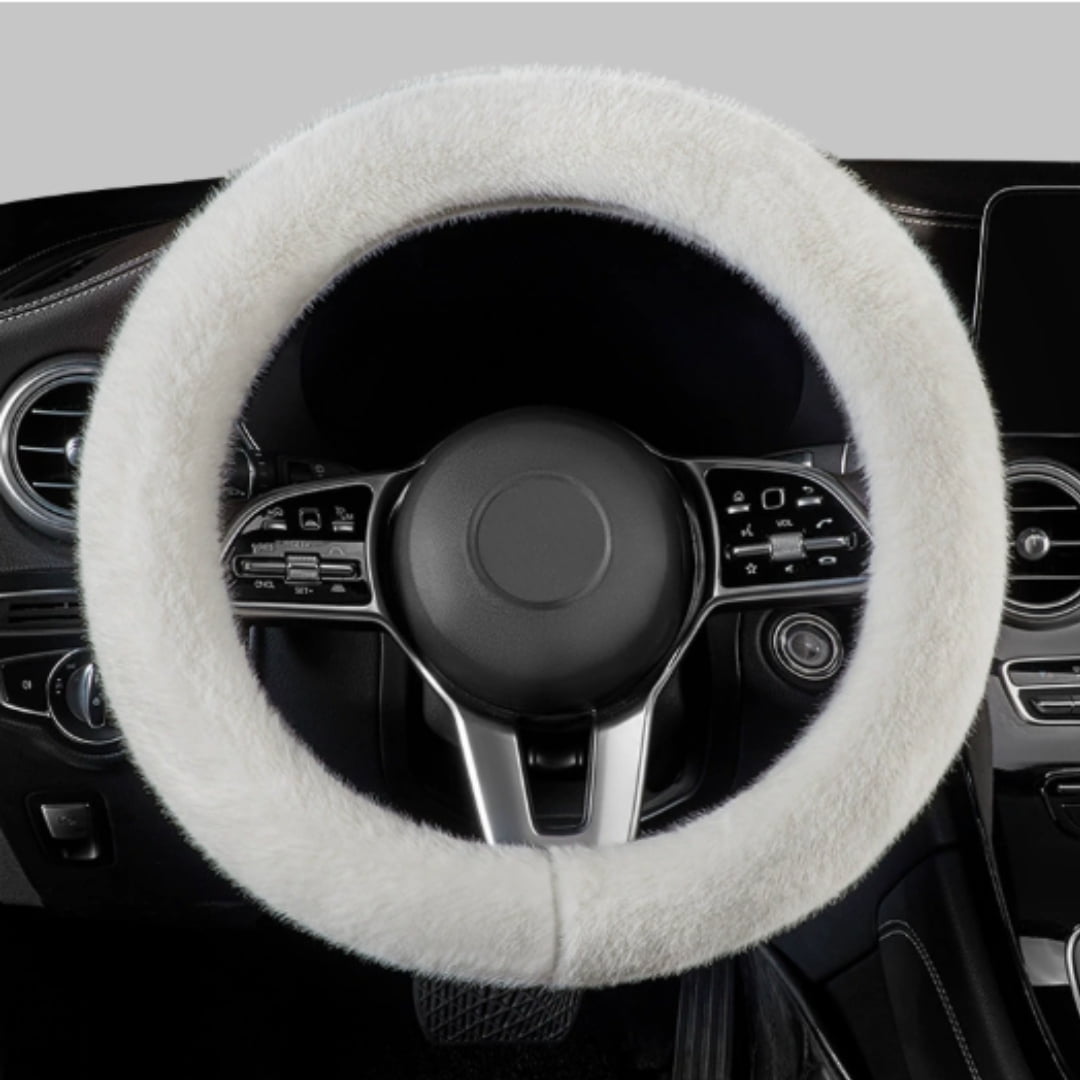 Fuzzy Steering Wheel Cover for Women Men, Wheel Cover for Winter Warm, 15 inch Soft Wool Steering Wheel Protector with Anti-Slip Grip for Cold Weather Driving (White)