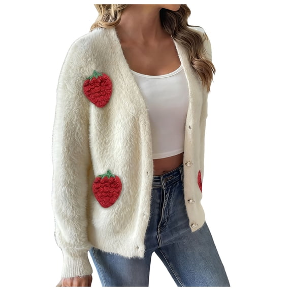 Fuzzy Strawberry Cardigan Sweaters for Women Versatile Button Down Long Sleeve Open Front Cute Knitted Outerwear