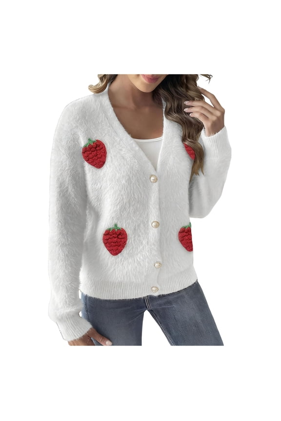 Fuzzy Strawberry Cardigan Sweaters for Women Versatile Button Down Long Sleeve Open Front Cute Knitted Outerwear