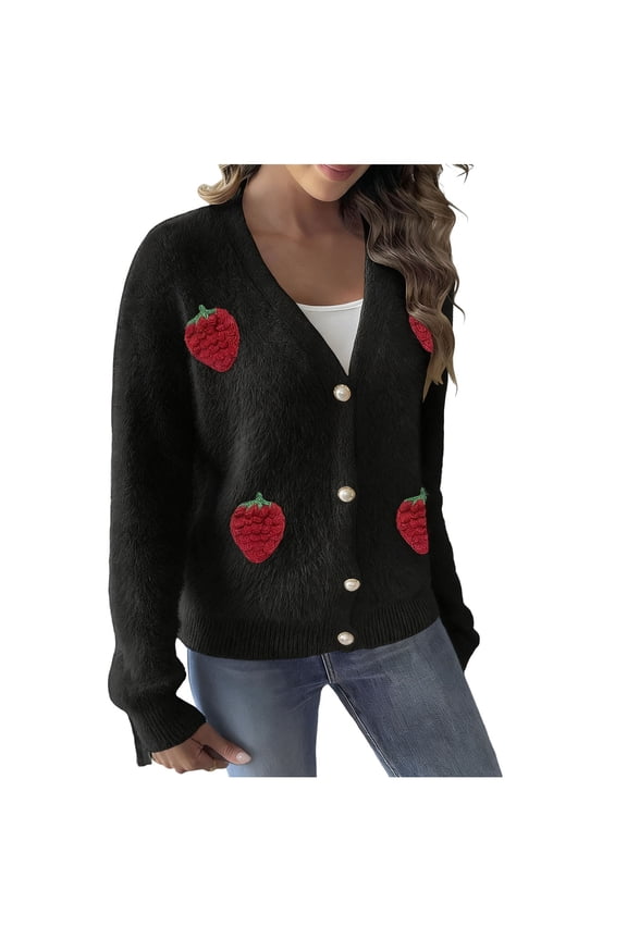 Fuzzy Strawberry Cardigan Sweaters for Women Versatile Button Down Long Sleeve Open Front Cute Knitted Outerwear