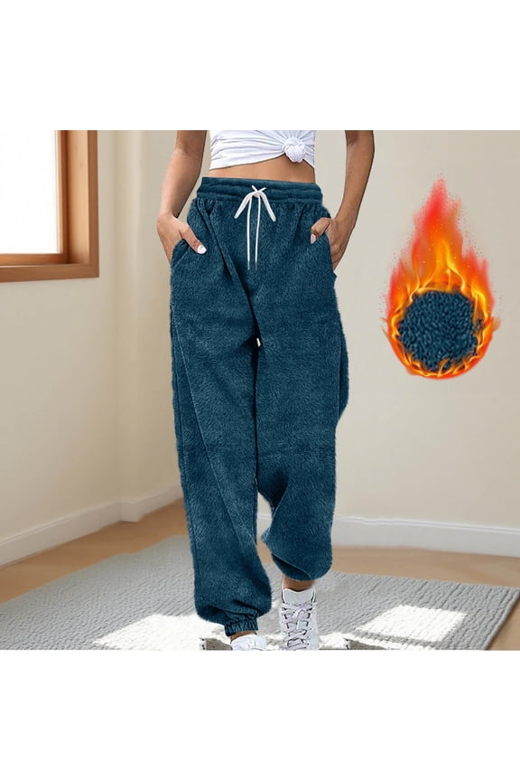 Fuzzy Sweat Pants for Women High Waist Athletic Joggers Fall Winter Warm Plush Workout Bottom with Drawstring Side Pockets