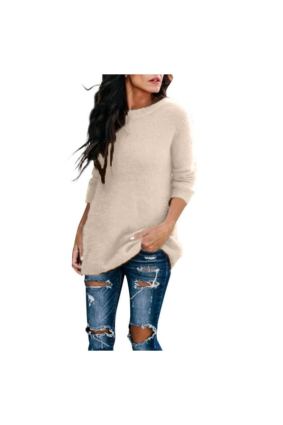 Fuzzy Sweater for Women Cozy Long Sleeve Pullover Round Neck Slouchy Lounge Top Solid Color Casual Fall Outfits