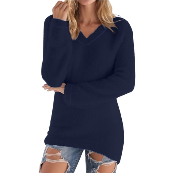 Fuzzy Sweaters Women Trendy Casual V Neck Tunic Pullover Long Sleeve Faux Fur Tops Solid Color Winter Knitwear (3XL, Navy)