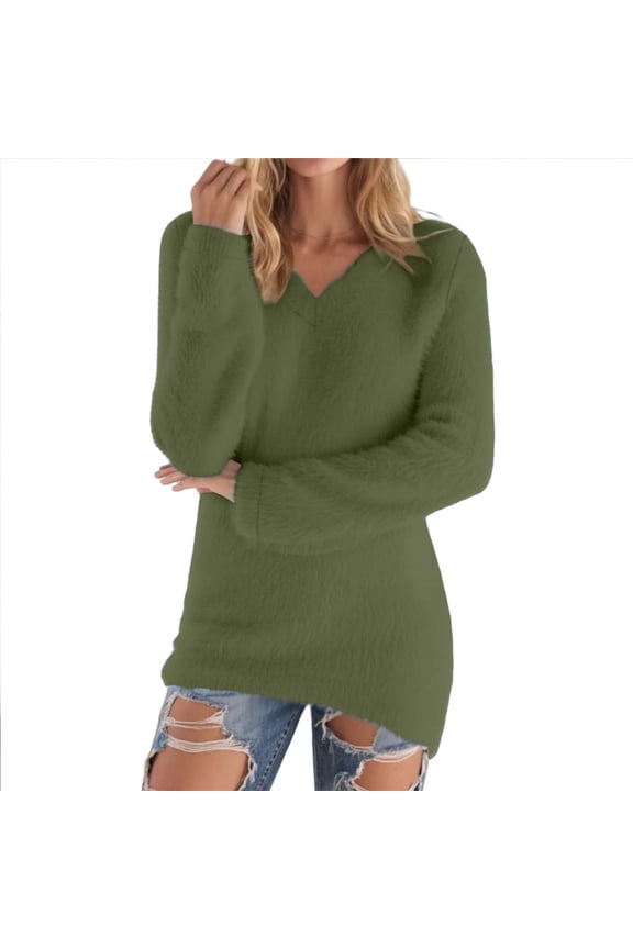 Fuzzy Sweaters Women Trendy Casual V Neck Tunic Pullover Long Sleeve Faux Fur Tops Solid Color Winter Knitwear (4XL, Army Green)