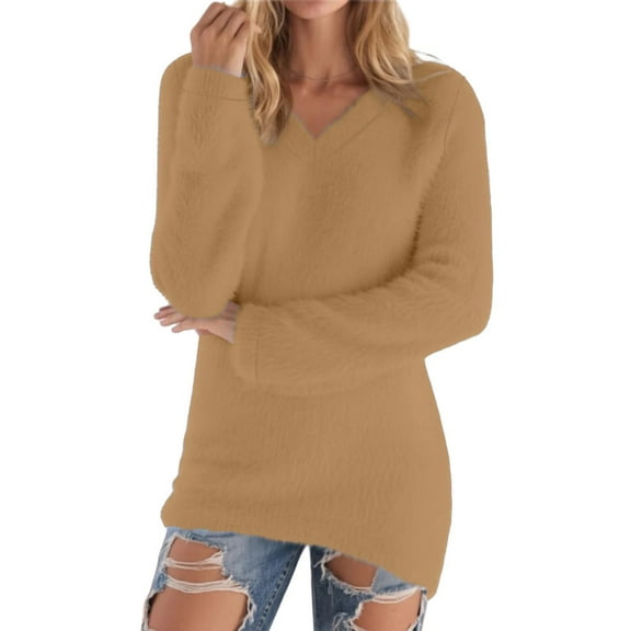 Fuzzy Sweaters Women Trendy Casual V Neck Tunic Pullover Long Sleeve Faux Fur Tops Solid Color Winter Knitwear (M, Khaki)