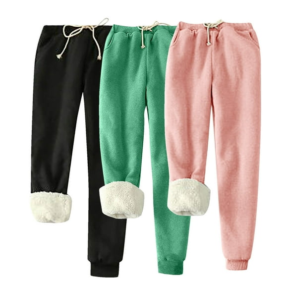 Fuzzy Sweatpants Women 3 Pack Soft Fleece Thick Warm Long Pants Soild Color Drawstring Elastic Waist Thermal Trousers Joggers Athletics Autumn Winter Fashion Casual Sport Clothing