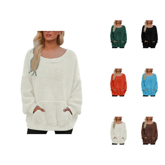 Fuzzy Sweatshirts for Women 2025 Fall Winter Long Sleeve Scoop Neck Plush Sweatshirt with Pockets Pullover Tops