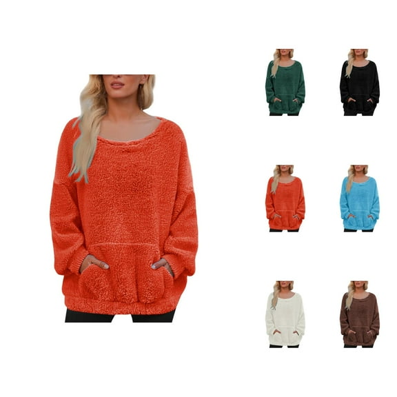 Fuzzy Sweatshirts for Women 2025 Fall Winter Long Sleeve Scoop Neck Plush Sweatshirt with Pockets Pullover Tops
