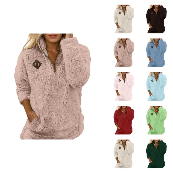 Fuzzy Sweatshirts for Women 2025 Long Sleeve Half Zip Stand Collared Sweatshirt with Pockets Pullover Tops