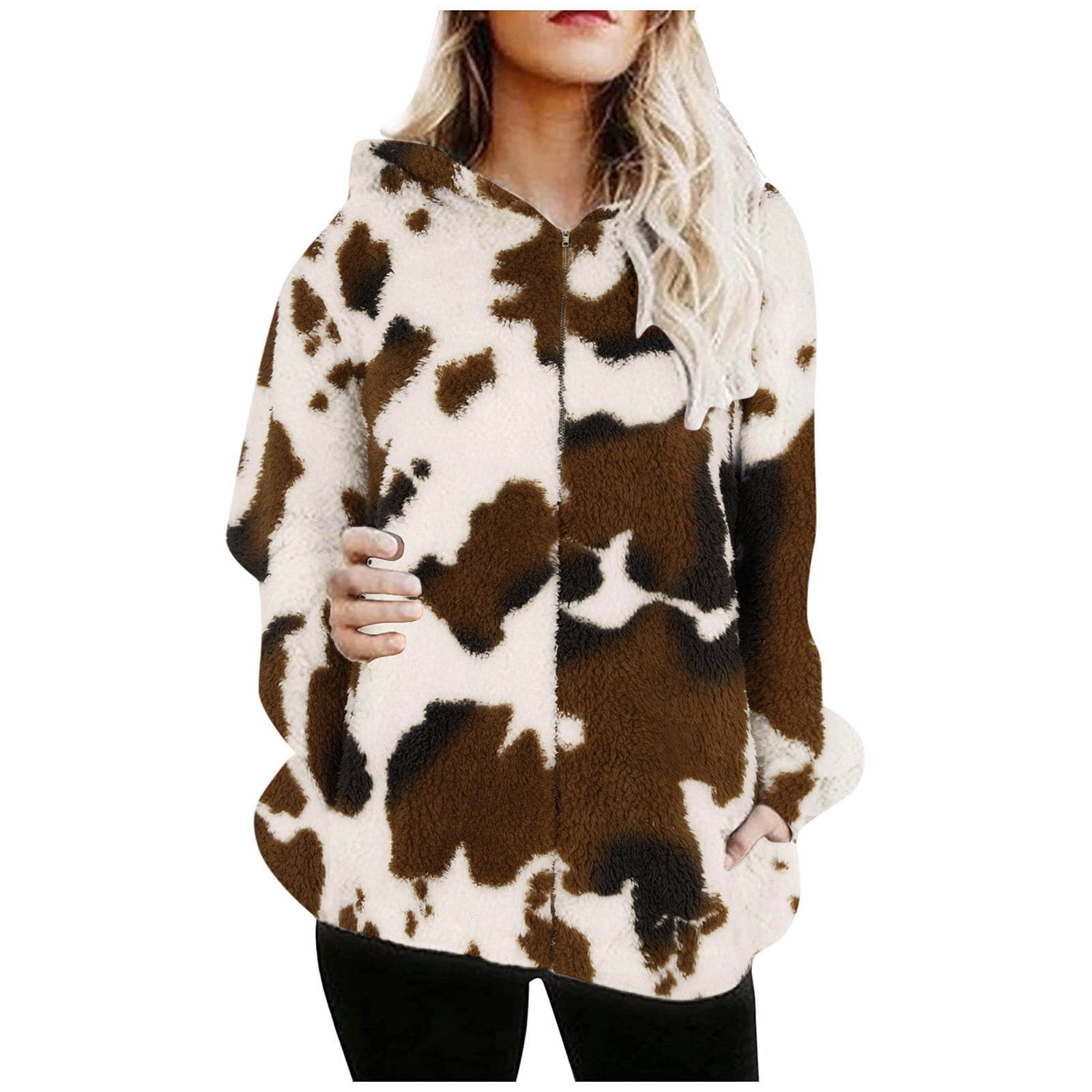 Fuzzy Sweatshirts for Women Zip Up Sherpa Hoodies Cow Print Fleece Hooded  Sweater Cozy Pullover Jacket with Pockets - Walmart.com