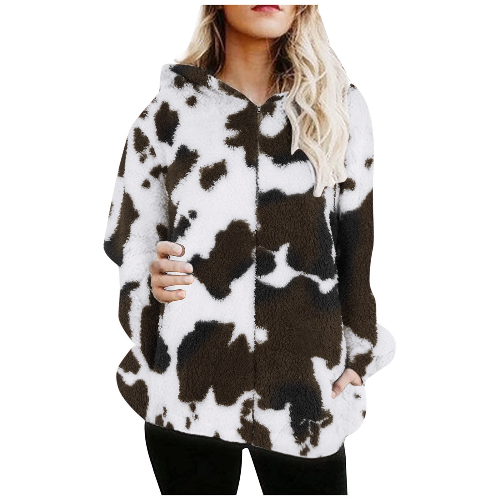 Fuzzy Sweatshirts for Women Zip Up Sherpa Hoodies Cow Print Fleece Hooded  Sweater Cozy Pullover Jacket with Pockets - Walmart.com