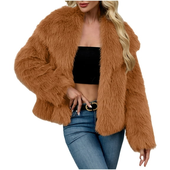 Fuzzy Thick Overcoat for Women Lapel Long Sleeve Solid Color Open Front Cardigan Outerwear Brown M