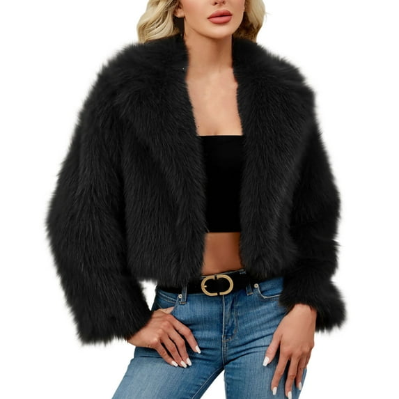 Fuzzy Thicken Coat for Women Lapel Long Sleeve Solid Color Open Front Cardigan Jacket Black M