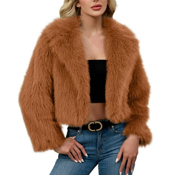 Fuzzy Thicken Coat for Women Lapel Long Sleeve Solid Color Open Front Cardigan Jacket Brown L