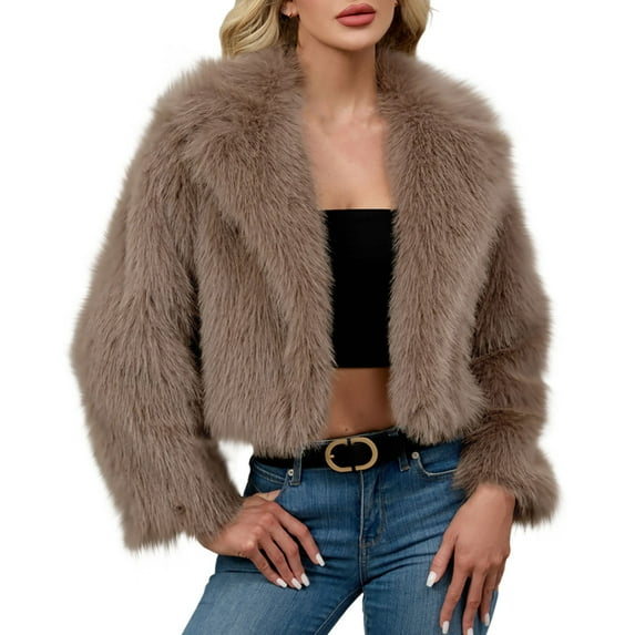 Fuzzy Thicken Coat for Women Lapel Long Sleeve Solid Color Open Front Cardigan Jacket Khaki XL