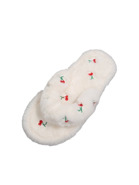 Fuzzy Thong Slippers for Women Open Toe Flip Flops - Warm Thick Non-Slip Indoor Outdoor Slides, Cherry Print Gifts for Her