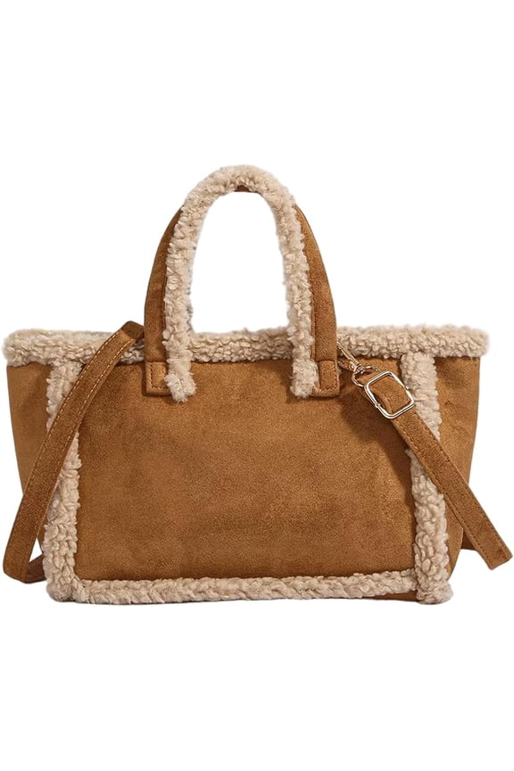 Fuzzy Tote Bag, Brown Suede Bag for Women Vintage Large Handbag with Fleece Lining & Adjustable Strap Casual Crossbody P