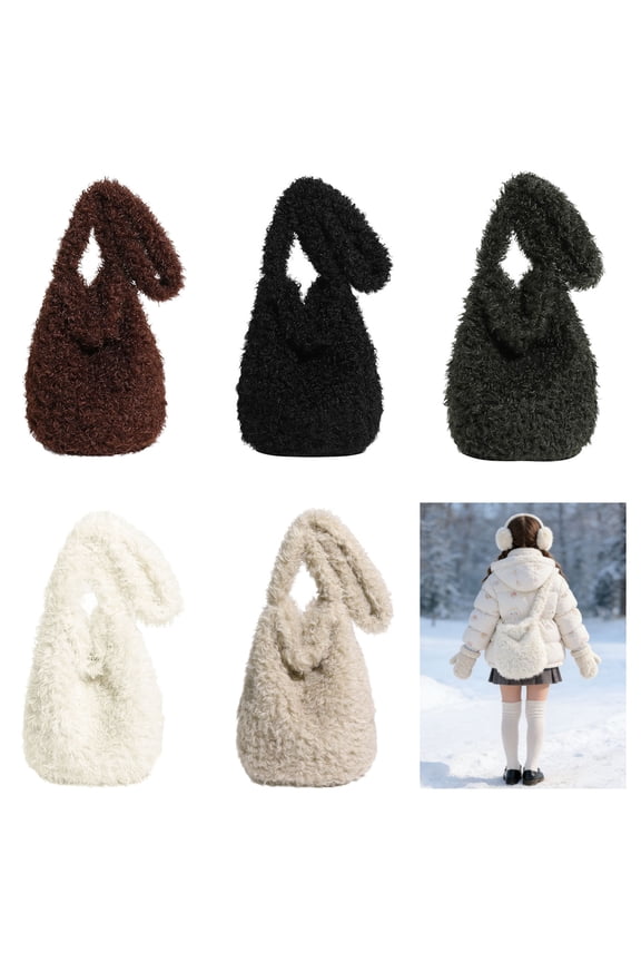Fuzzy Tote Bag for Women | Large Faux Fur Shoulder Purse | Soft Furry Bunny Ear Design | Lightweight Crossbody Underarm Handbag | 1 Bag | Bucket Shape | Winter Fashion | Multiple Colors Available