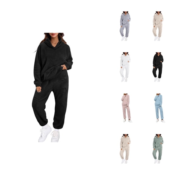 Fuzzy Track Suits for Women Set Fall Winter Hoodie and Jogger Sweatpants 2 Piece Matching Sweatsuit Lounge Set