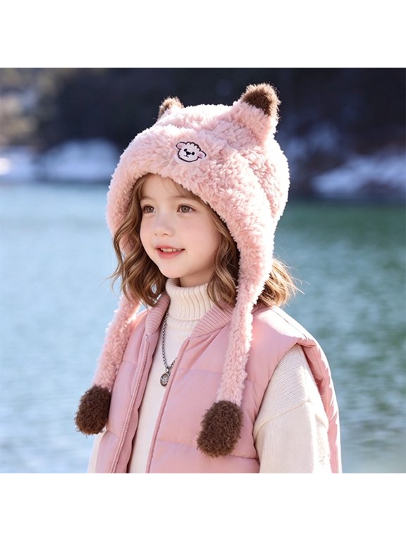Fuzzy Trapper Hat for Kids Winter Warm Sherpa Earflap Cap with Ears and Pom Pom Ties for Toddlers