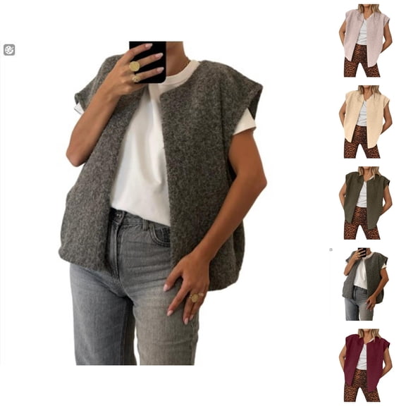 Fuzzy Vest for Women 2025 Cap Sleeve Crewneck Open Front Casual Cardigan Vest Jackets Coat Outerwear