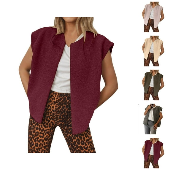 Fuzzy Vest for Women 2025 Cap Sleeve Crewneck Open Front Casual Cardigan Vest Jackets Coat Outerwear