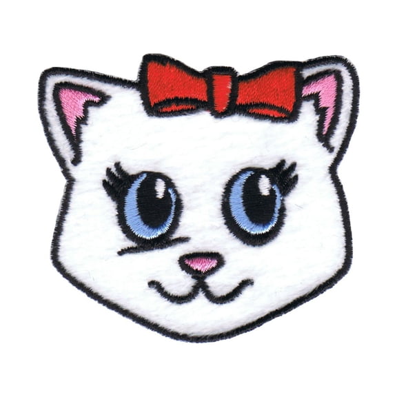 Fuzzy White Cat Face Patch Cute Bow Feline Kitten Embroidered Iron On Applique