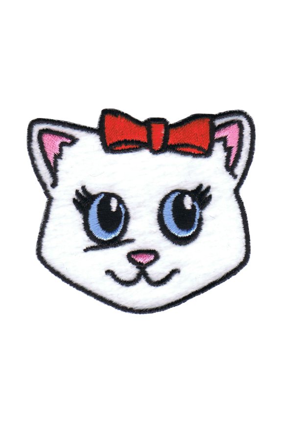 Fuzzy White Cat Face Patch Cute Bow Feline Kitten Embroidered Iron On Applique