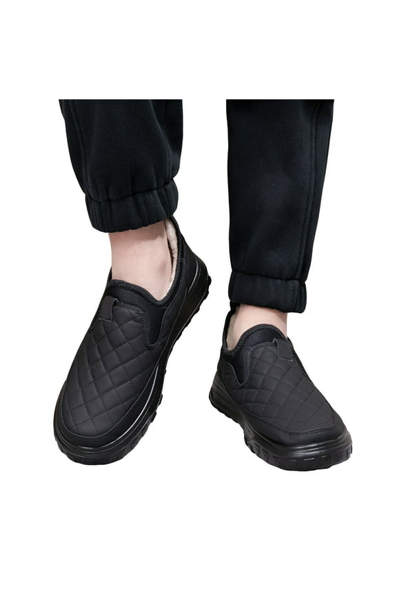 Fuzzy Winter Ankle Boots for Men Quilted Waterptoof Slip on Non Slip Snow Booties Comfy Loafers Walking Shoes